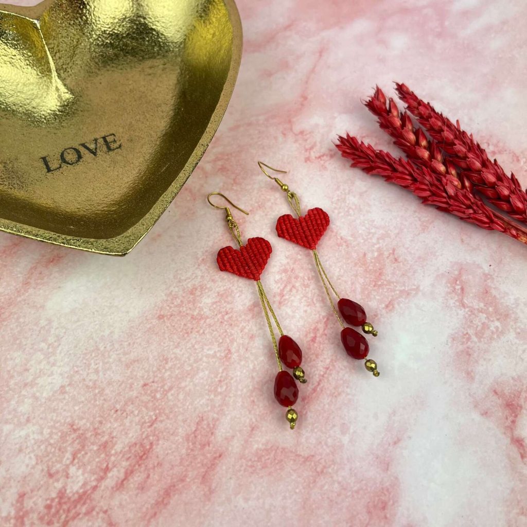 Μακραμέ Σκουλαρίκια Κρεμαστές Καρδιές Κόκκινες at Home
